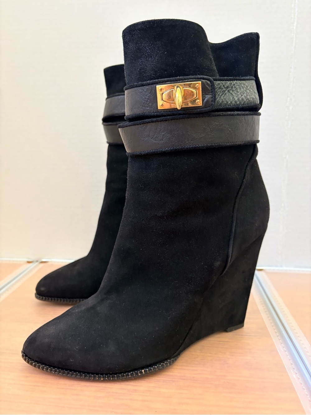 Givenchy Black Suede Wedge Ankle Boots Gold-Tone Shark Tooth Clasp • Size 40.5